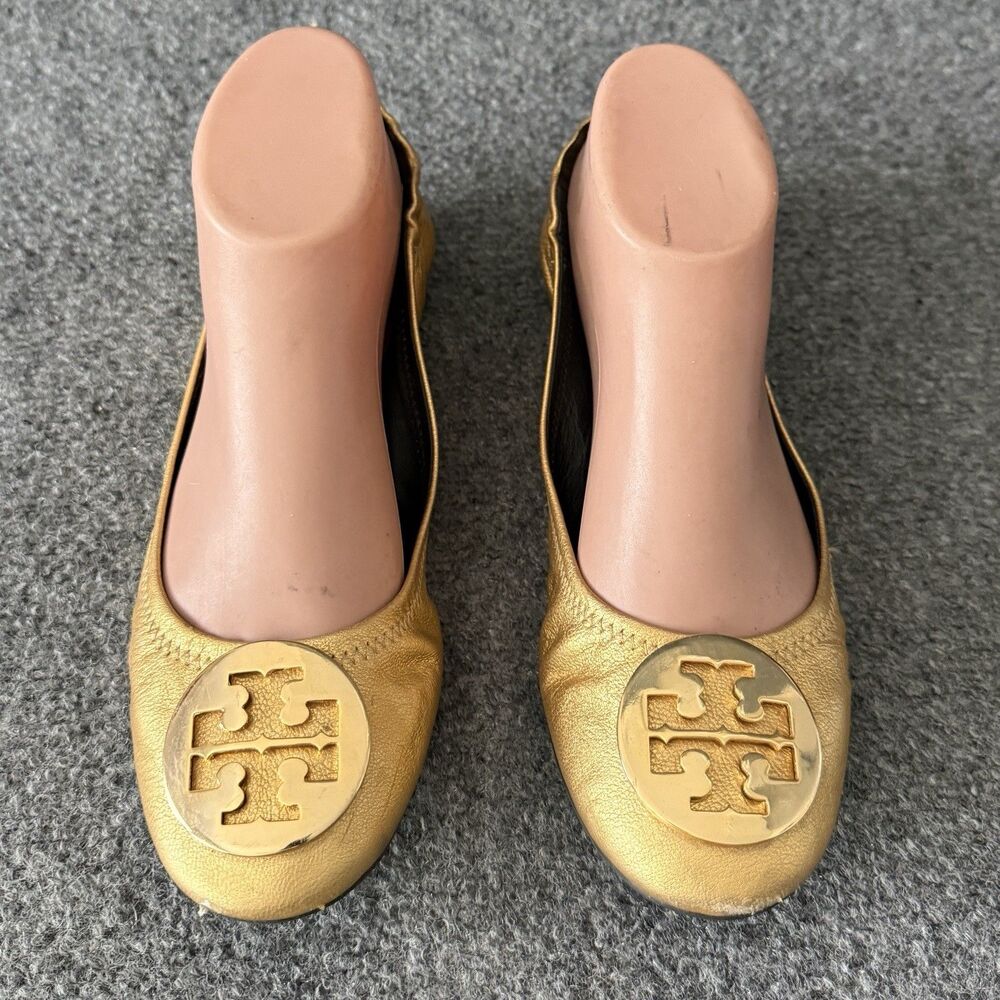 Tory Burch Reva Gold Metallic Leather Ballet Flats Logo Medallion Scrunch Size 8